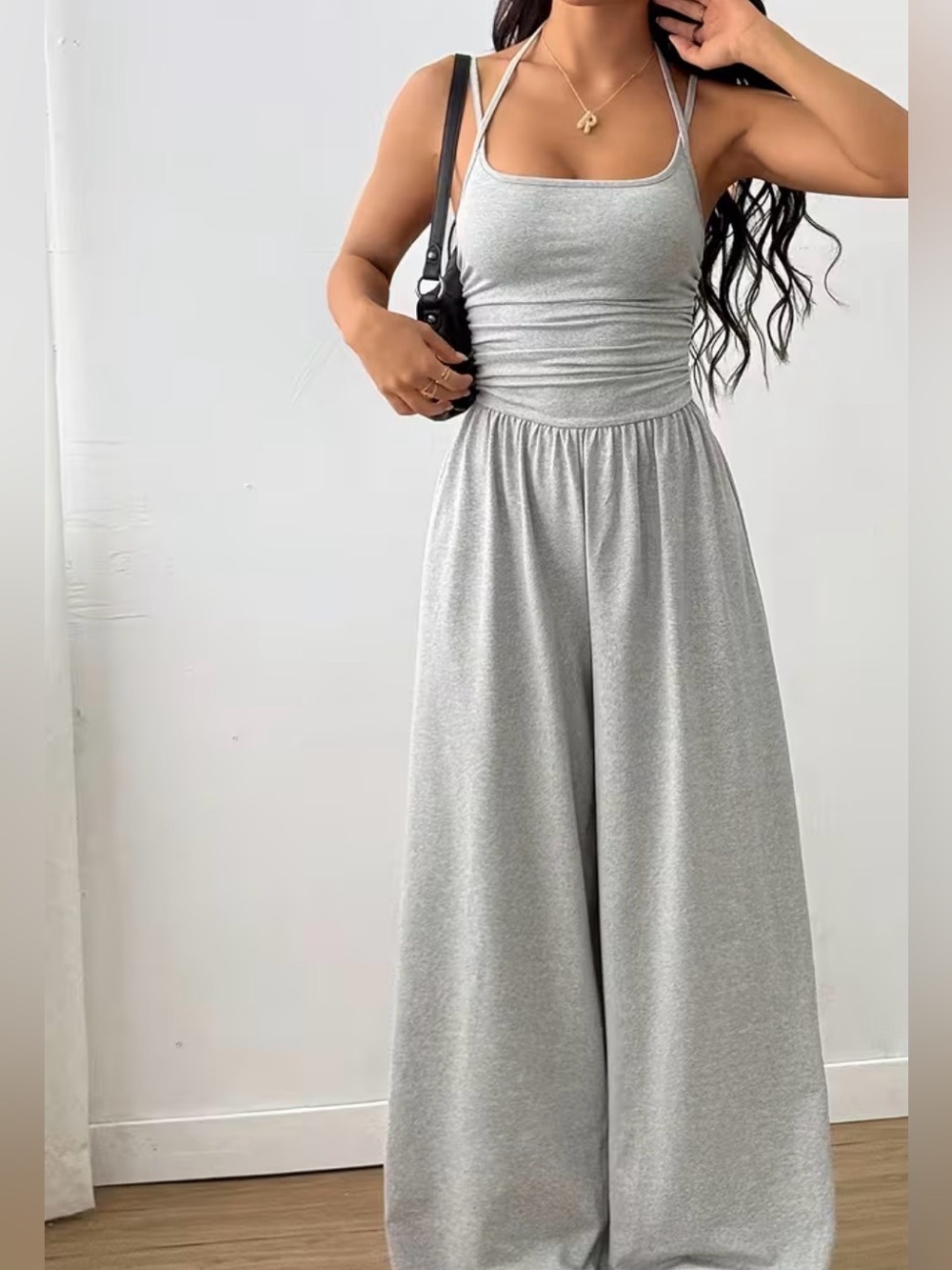 Women's Grey Wide-Leg Jumpsuit with Spaghetti Straps